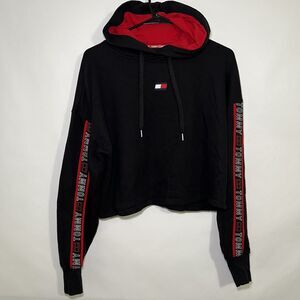 Tommy Hilfiger Sport Cropped Hoodie Sweatshirt Womens Size XS Black Embroidered